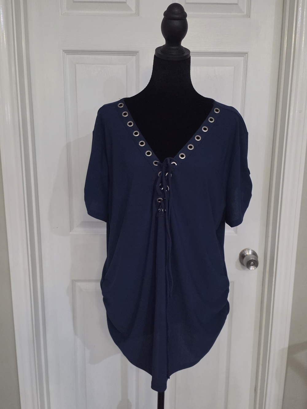 Navy Lace-Up V-Neck Women’s Top
